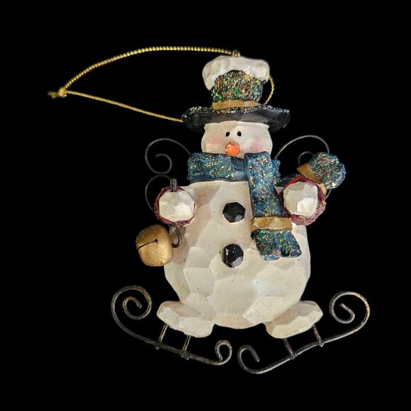 Vintage Glitter Snowman Ornament with Bells & Wire Skates Christmas Holiday - Picture 1 of 2